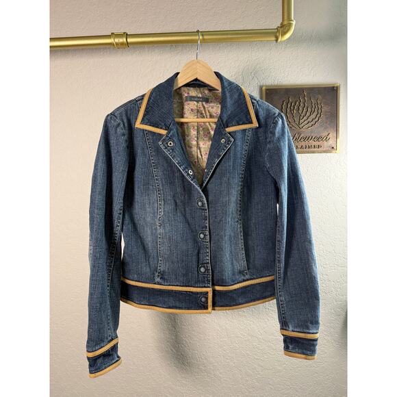 Women's Liz Claiborne Denim Blue Jean Tan Trimmed Snap Front Jacket Size 4 - Picture 2 of 9